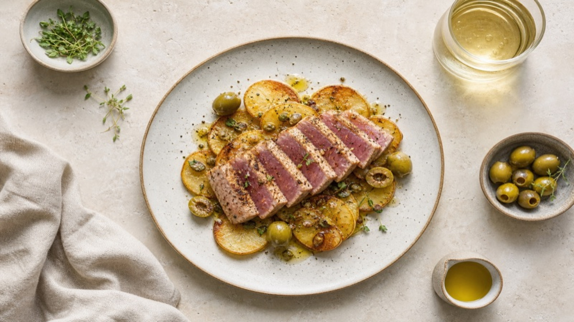 Gebratener Thunfisch mit Kartoffelscheiben und grünen Oliven