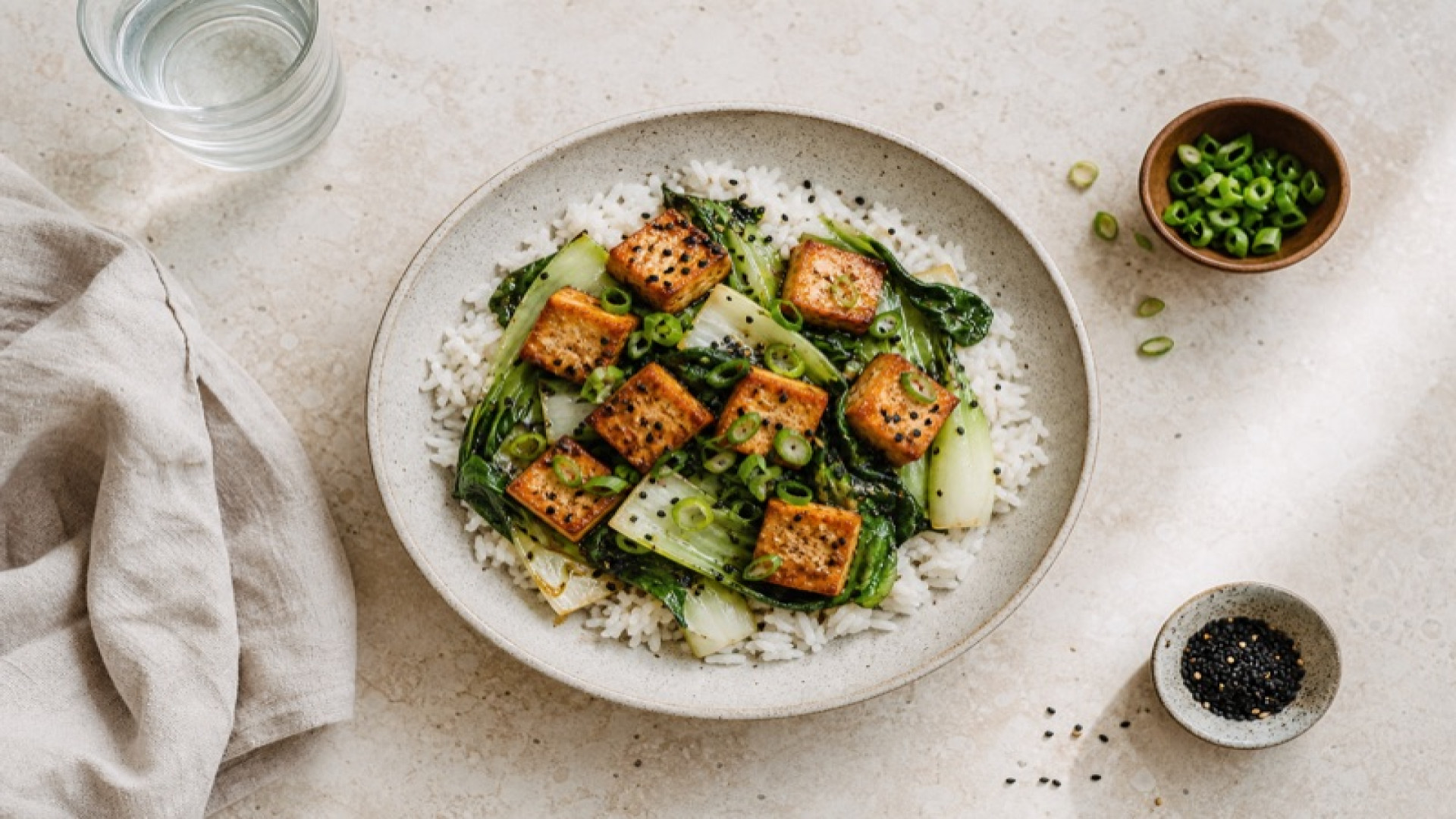 Gebratener Tofu auf Jasmin-Reis mit Pak Choi
