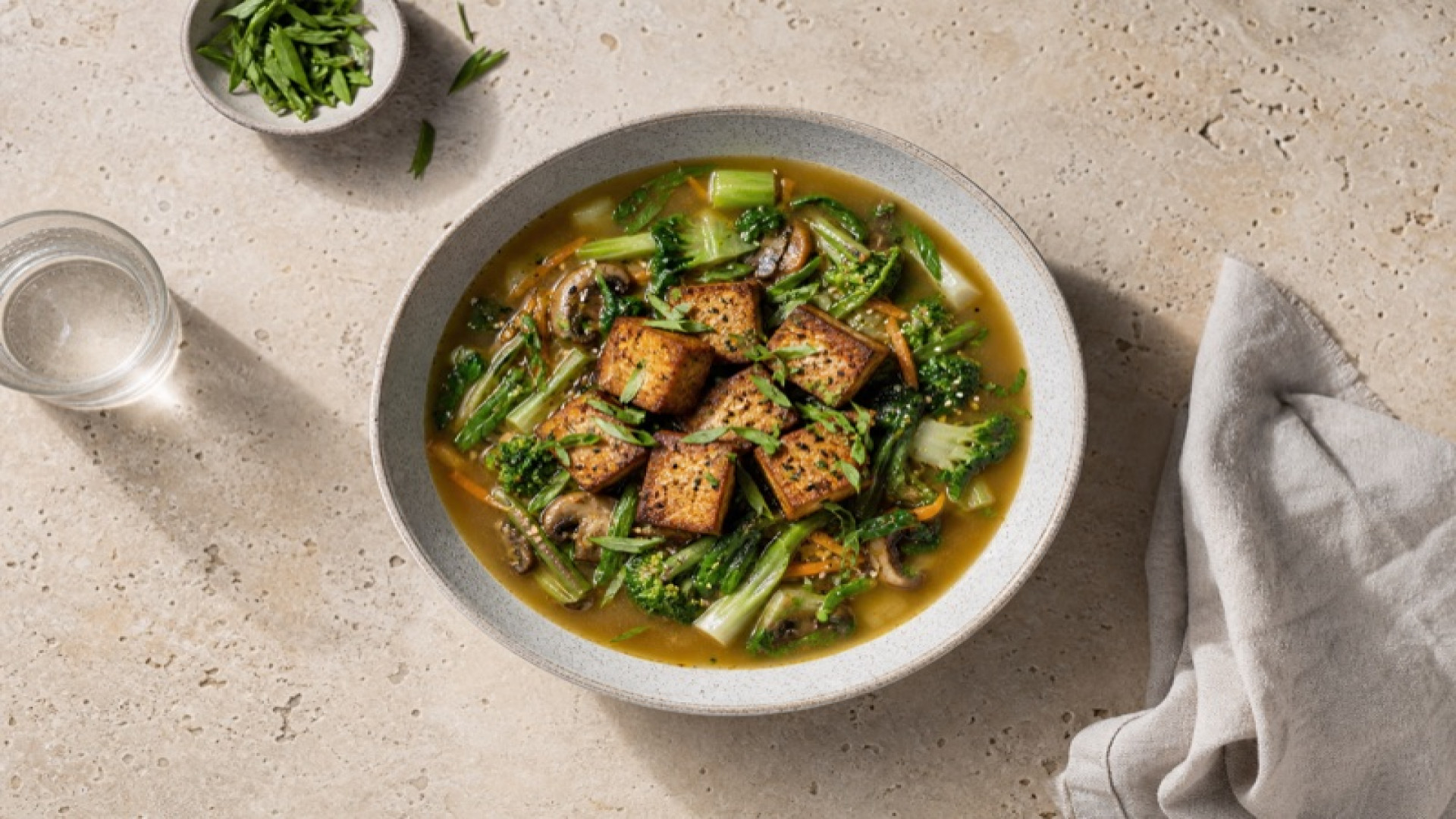 Gebratener Tofu auf Miso-Gemüsebrühe mit Bärlauch