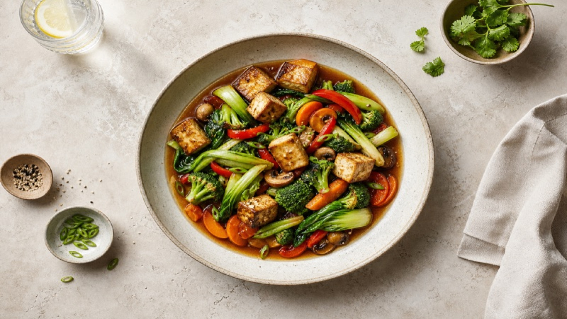 Gebratener Tofu mit asiatischem Gemüse und Sojabrühe