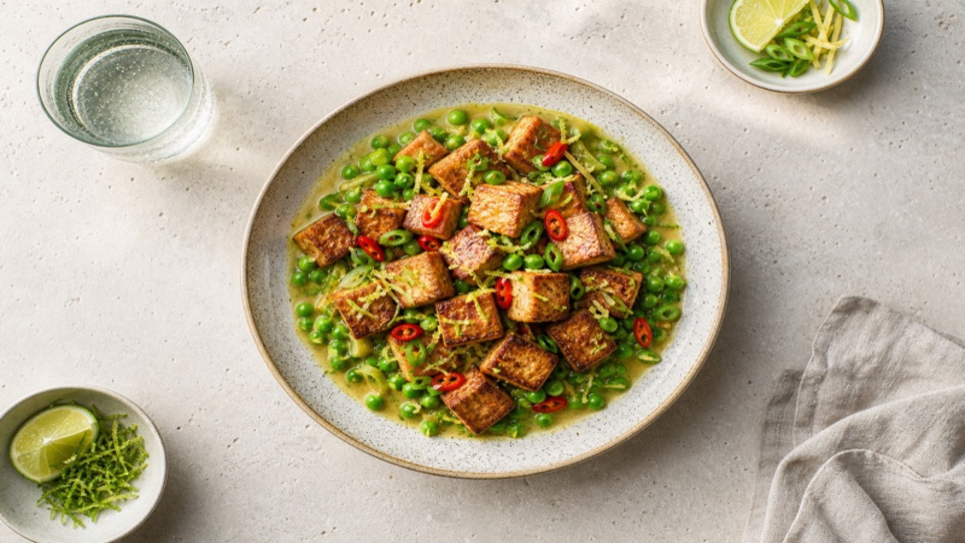 Gebratener Tofu mit Erbsen und Ingwer-Limetten-Sauce