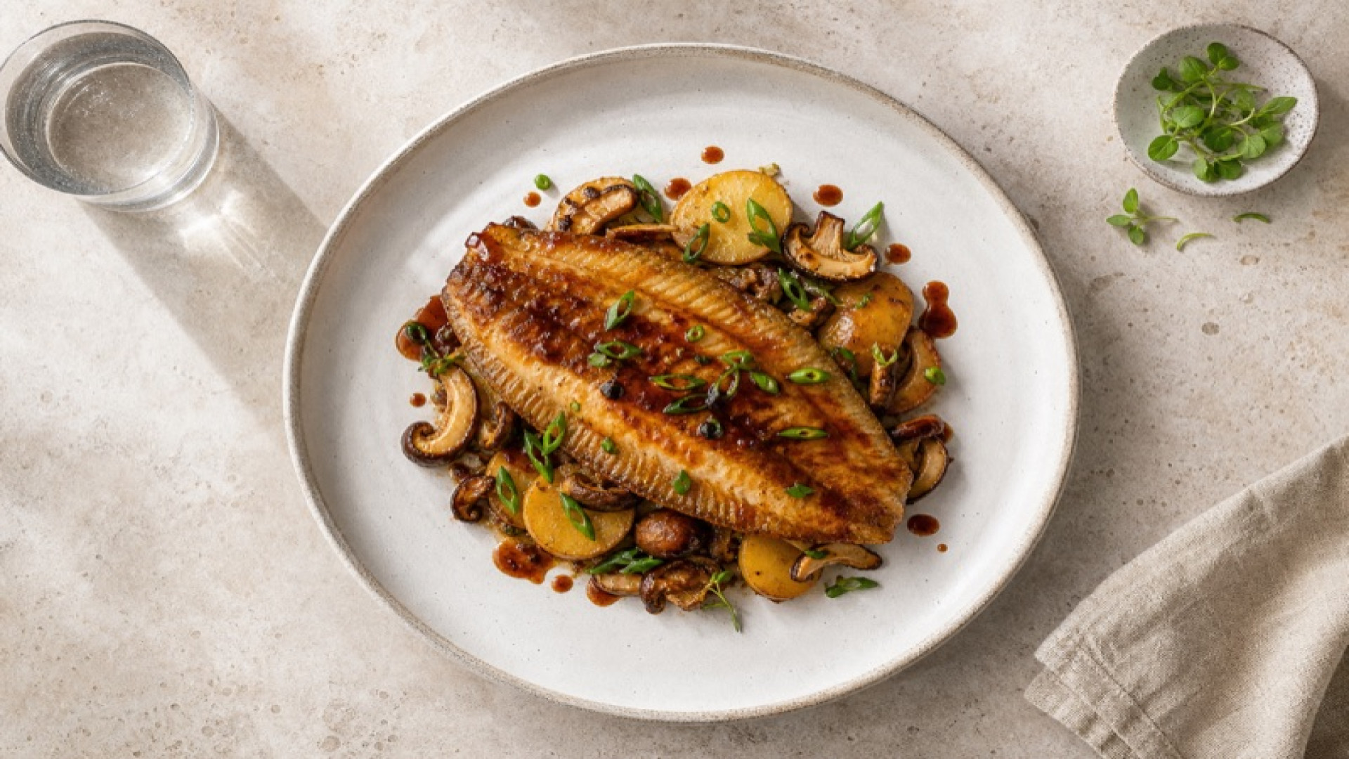 Gebratene Scholle auf Kartoffel-Shiitake-Bett mit Sojaglasur