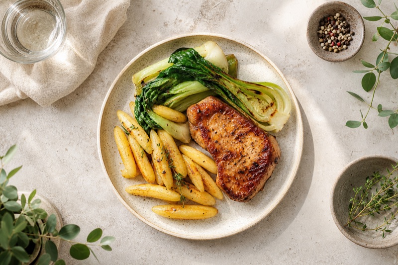 Gebratenes Schwein-Kammsteak mit Pak-Choi und Kartoffelschupfnudeln