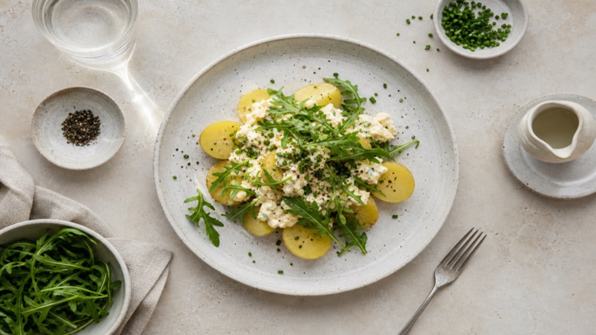 Gedämpfte Kartoffeln mit Frischkäse-Ei-Creme und Rucola
