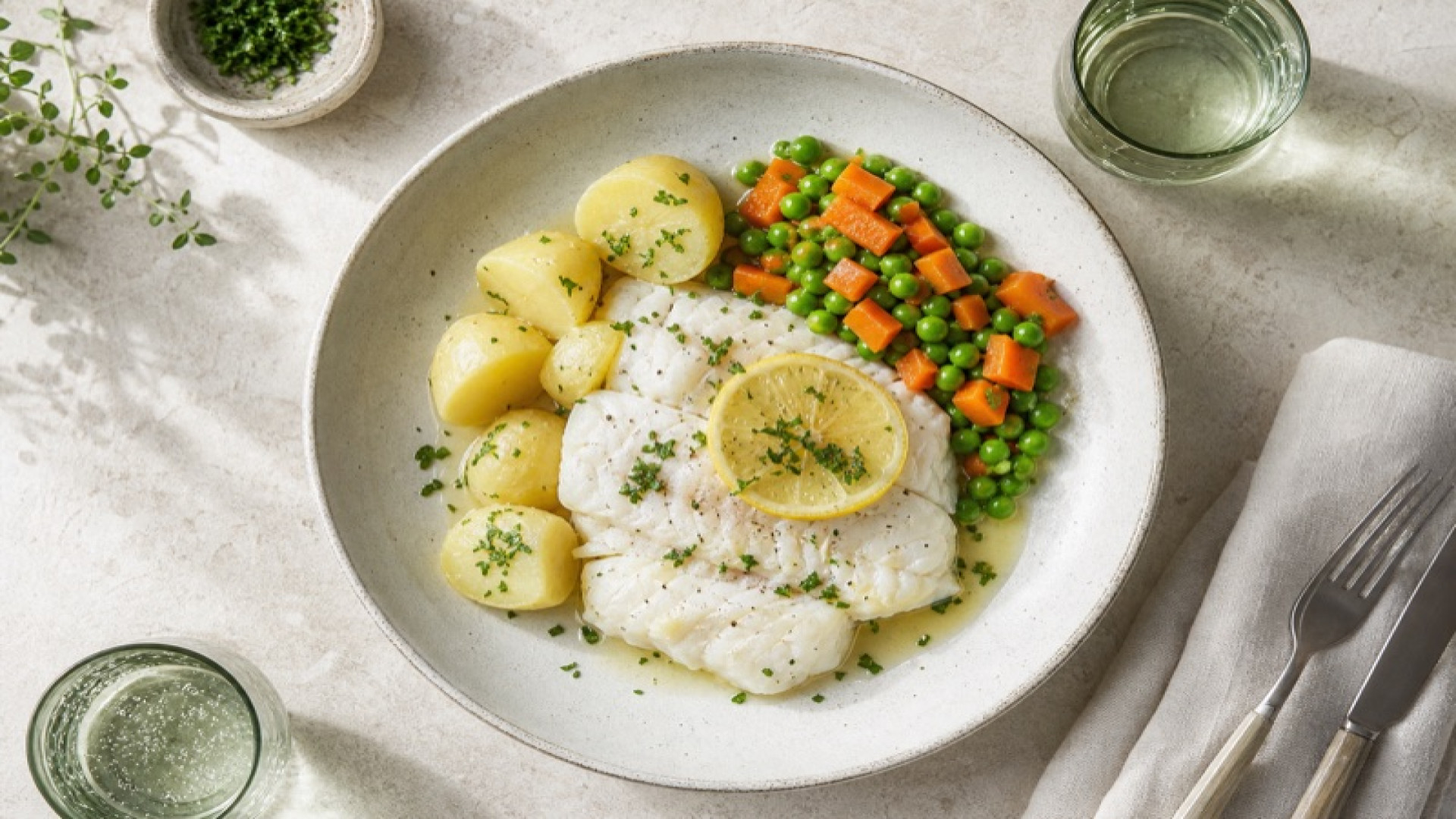 Gedünsteter Heilbutt mit Kartoffeln und Erbsen-Karotten