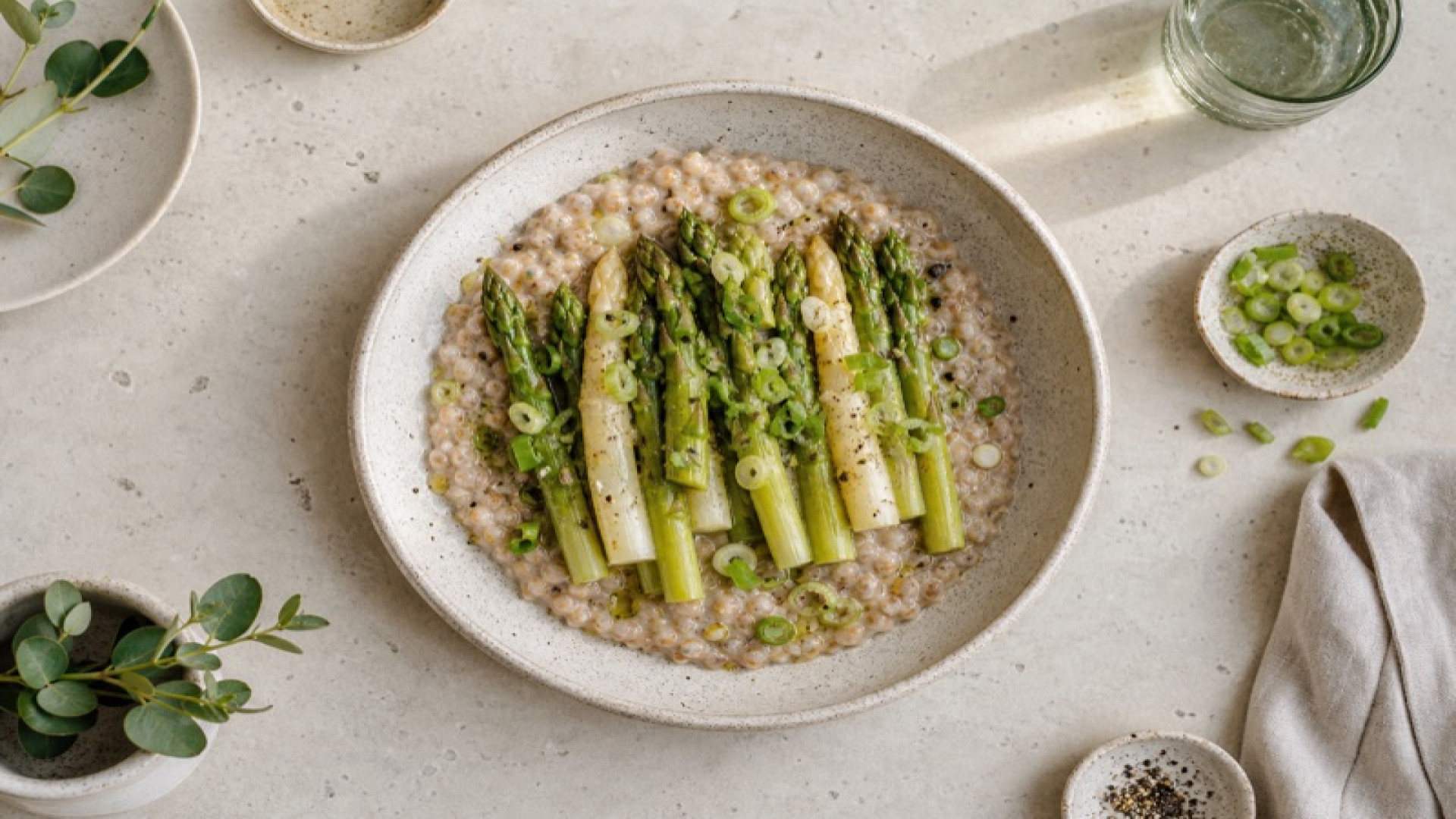 Gedünsteter Spargel mit Buchweizen-Porridge und Frühlingszwiebeln