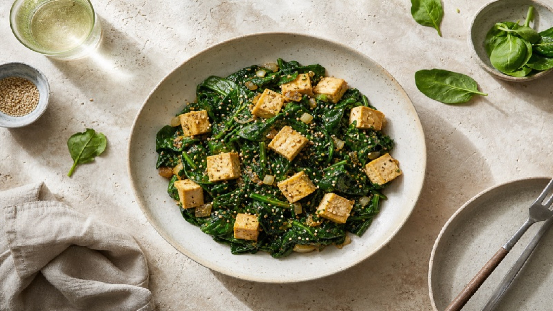 Gedünsteter Spinat mit Tofu und Sesam