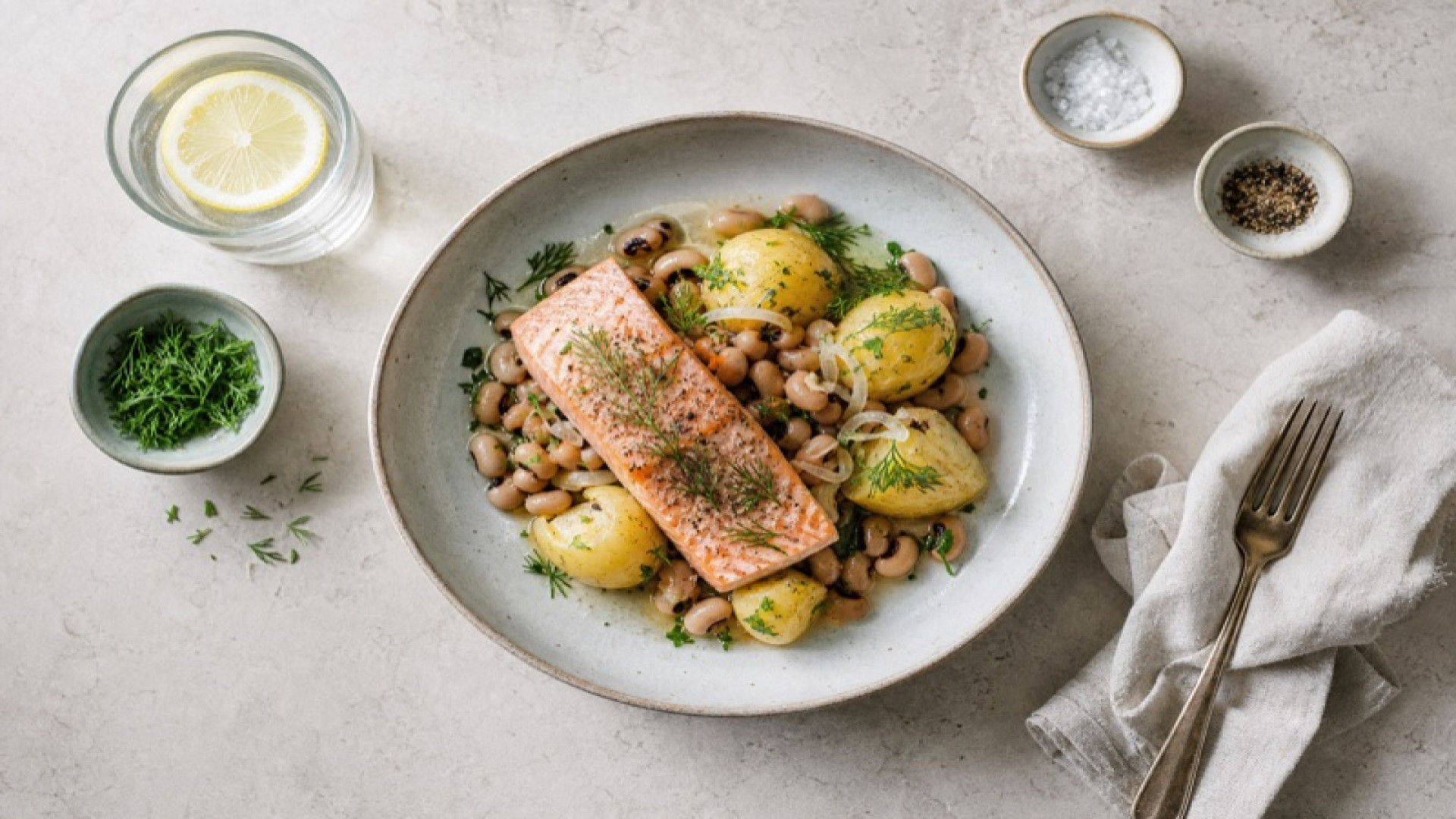 Gedünsteter Wildlachs mit Kartoffeln und Augenbohnen