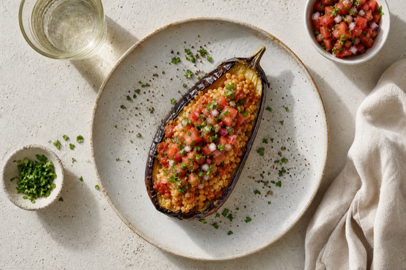 Gefüllte Aubergine mit Couscous und Salsa