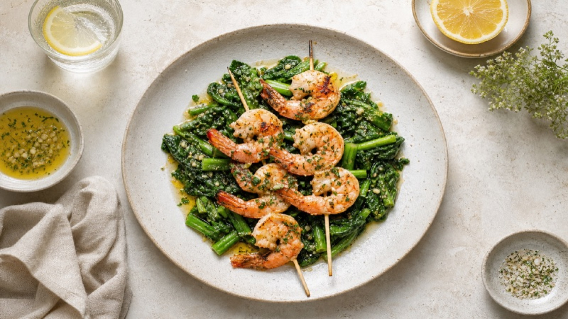 Gegrillte Garnelen auf Stielmus mit Zitrus-Knoblauch-Dressing