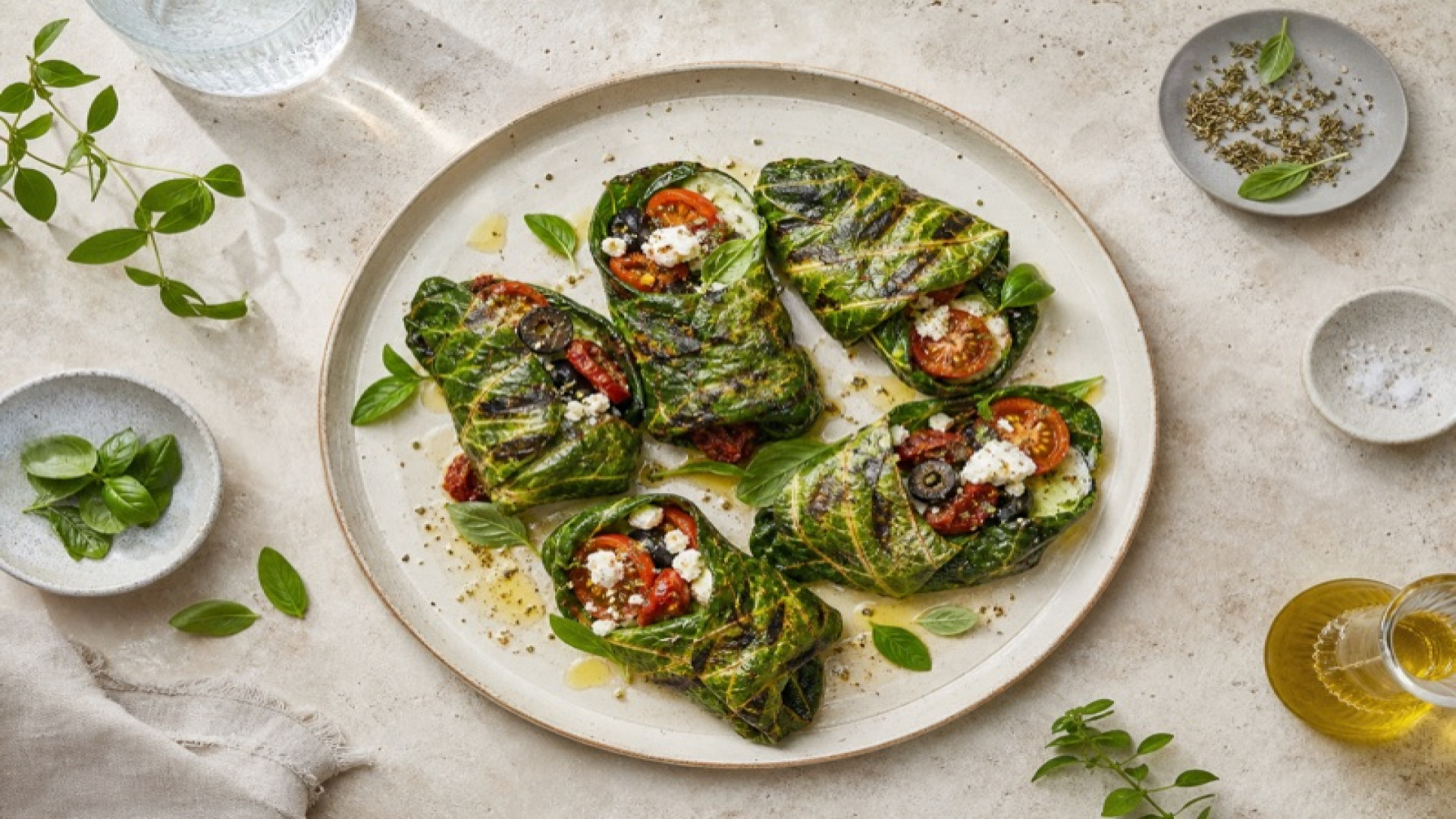 Gegrillte gefüllte Kohlrabiblätter
