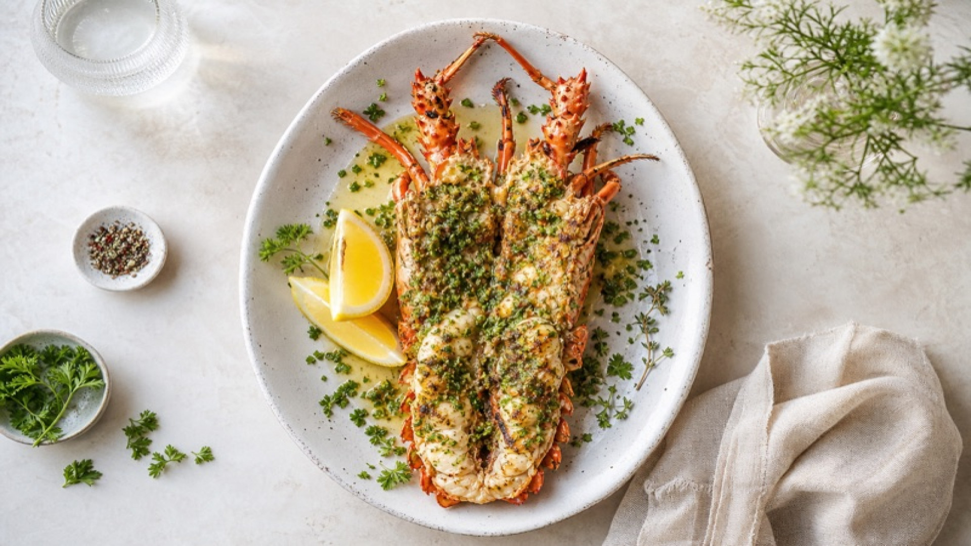 Gegrillte Languste mit Knoblauch-Kräutertopping
