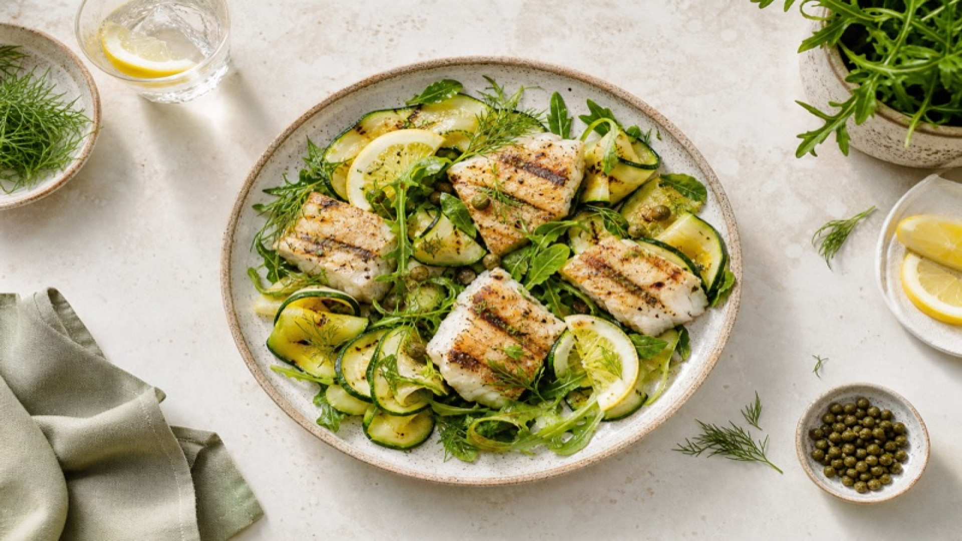 Gegrillter Alaska-Seelachs-Salat mit Zucchini und Zitrone