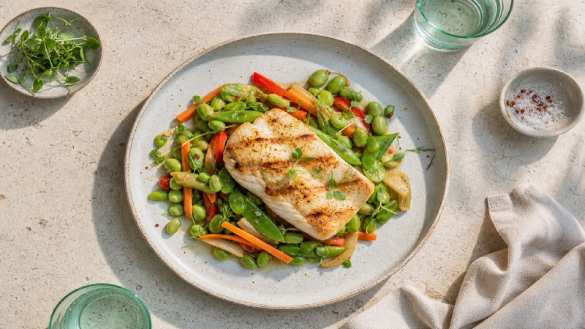 Gegrillter Schellfisch mit Edamame-Gemüse-Pfanne