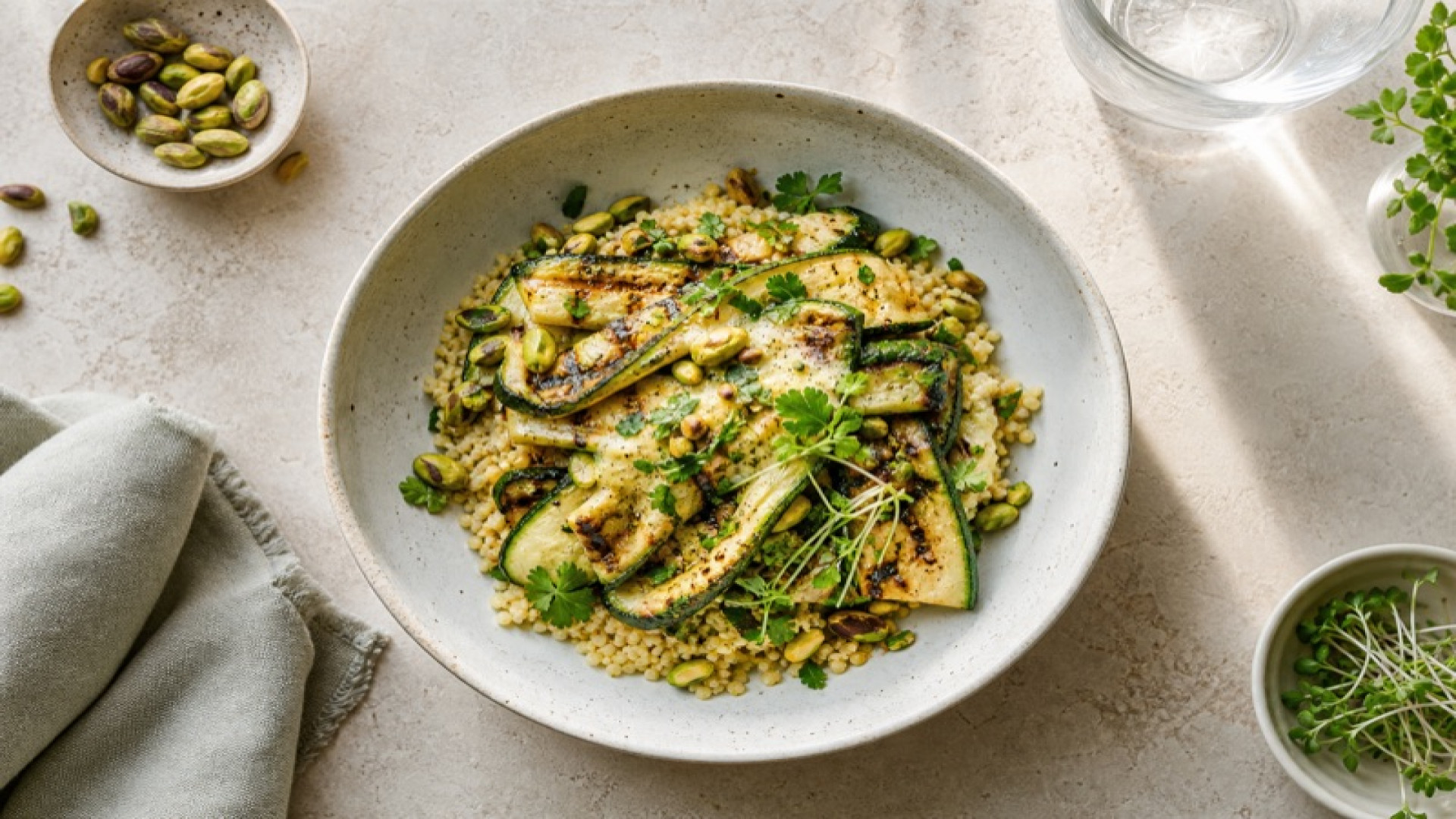 Gegrillte Zucchini-Bowl mit Hirse und Pistazien