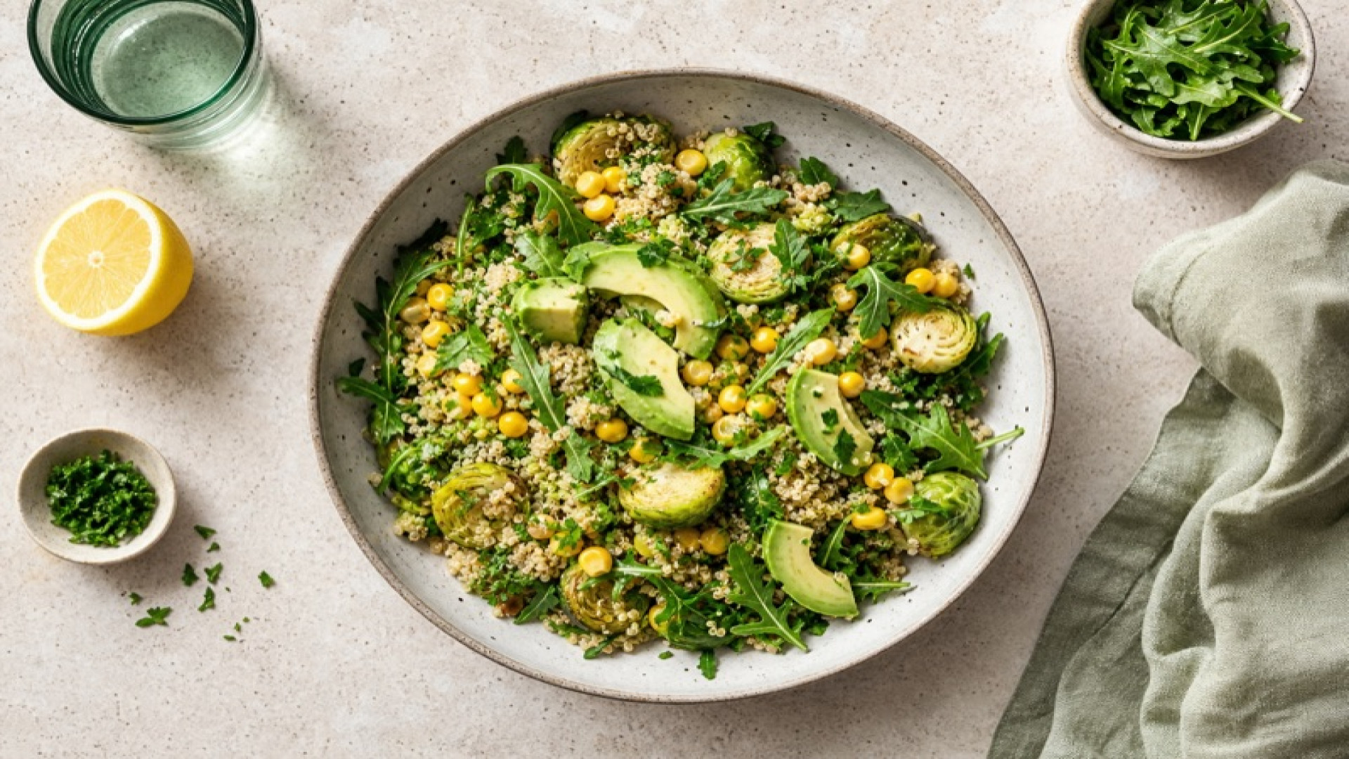 Gekochte Quinoa mit Avocado und Gemüse