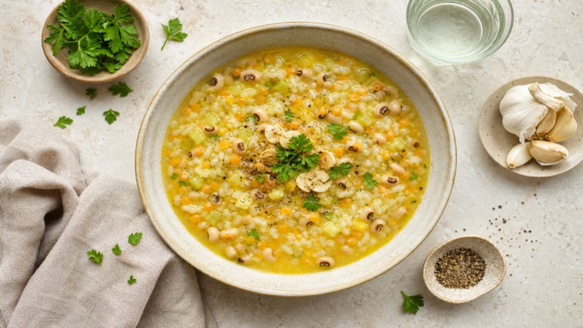 Gelbe Linsen-Augenbohnen-Reissuppe mit Sellerie und Knoblauch