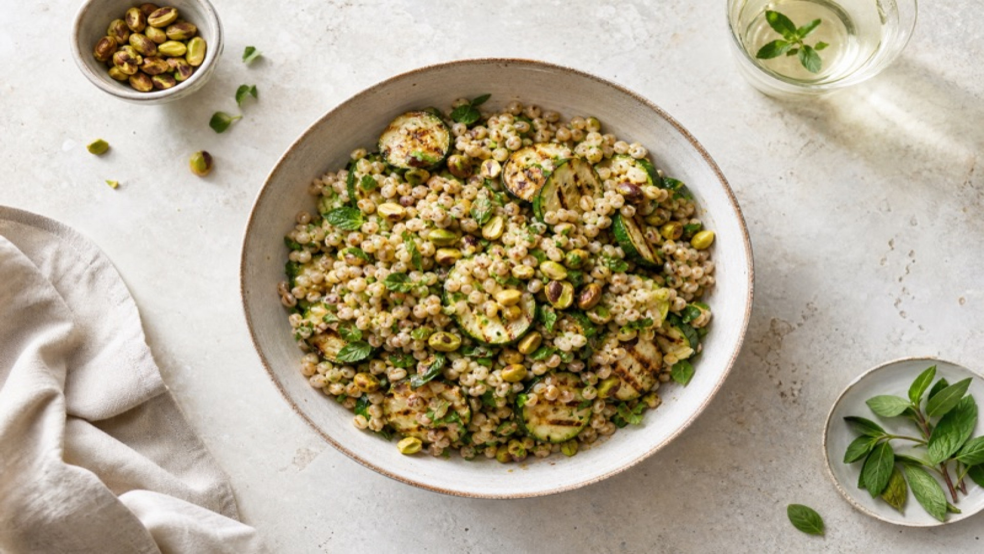 Gerstengrütze-Salat mit gegrillter Zucchini und Pistazien