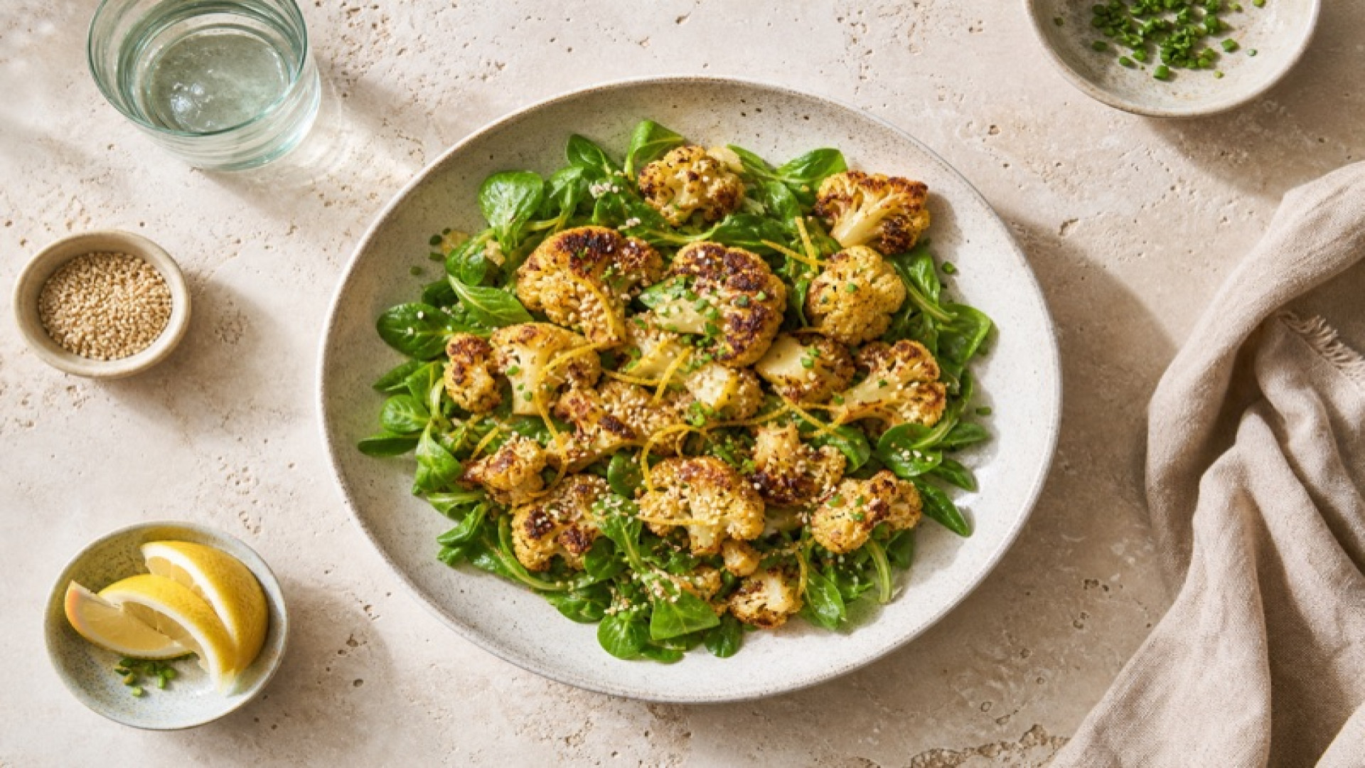 Geröstete Blumenkohlstücke auf Feldsalat mit Sesam-Zitrone