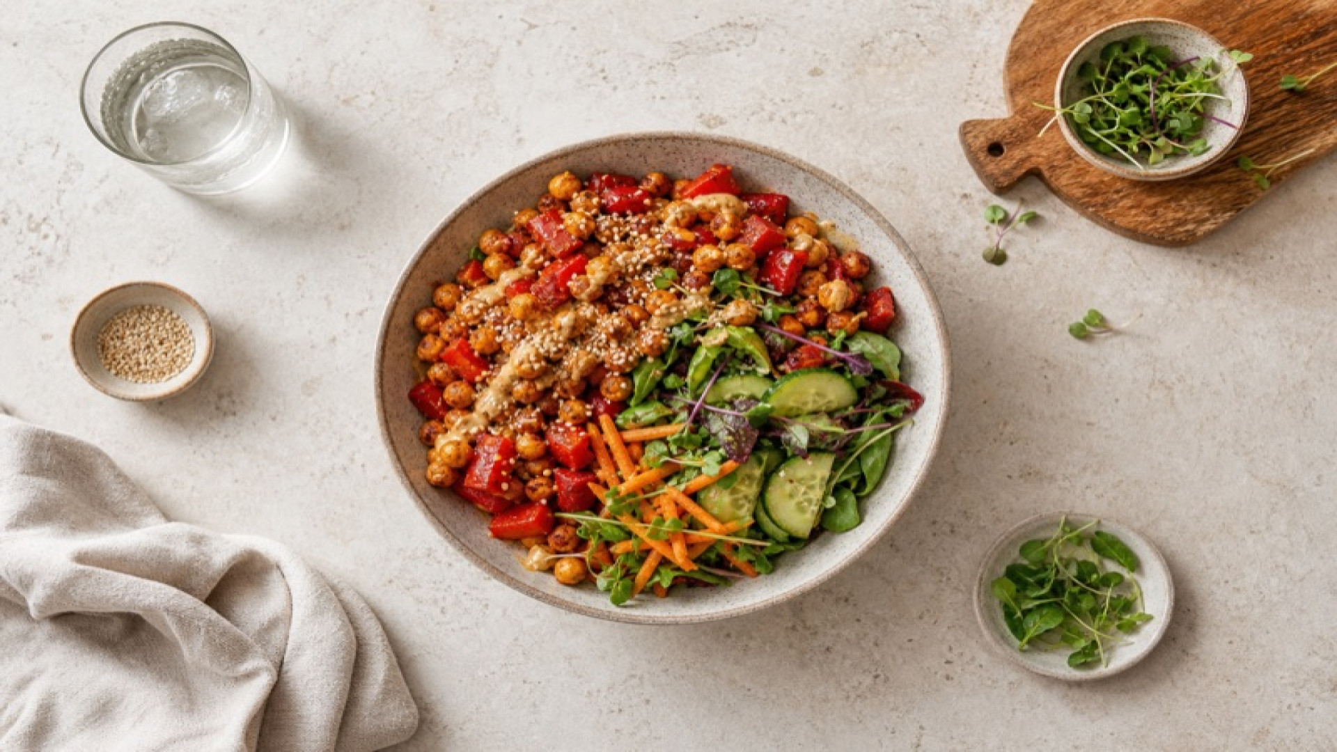 Geröstete Kichererbsen-Paprika-Bowl mit Sesam