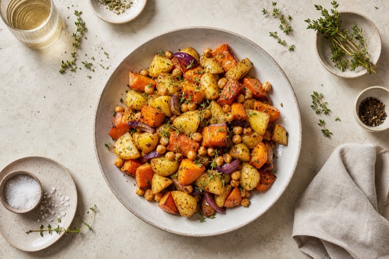 Geröstete Ofen-Kartoffeln mit Hokkaido-Kürbis und Kichererbsen