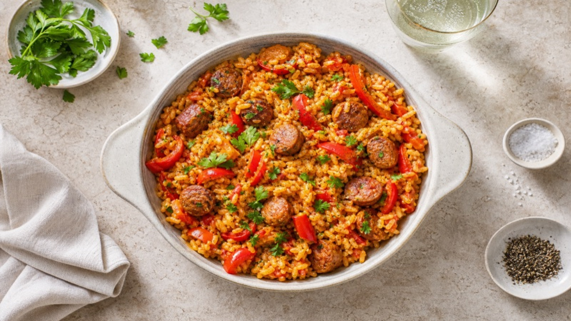 Geröstete Paprika-Reispfanne mit Sojawürstchen