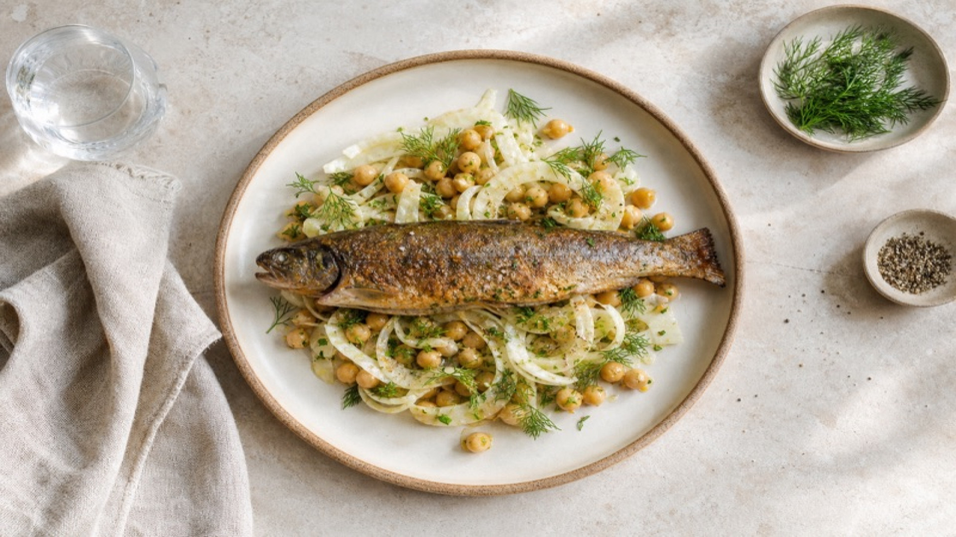 Gerösteter Bachsaibling auf Fenchel-Kichererbsen-Salat