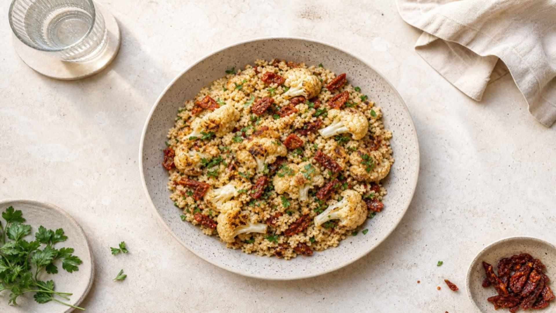 Gerösteter Blumenkohl-Couscous mit getrockneten Tomaten