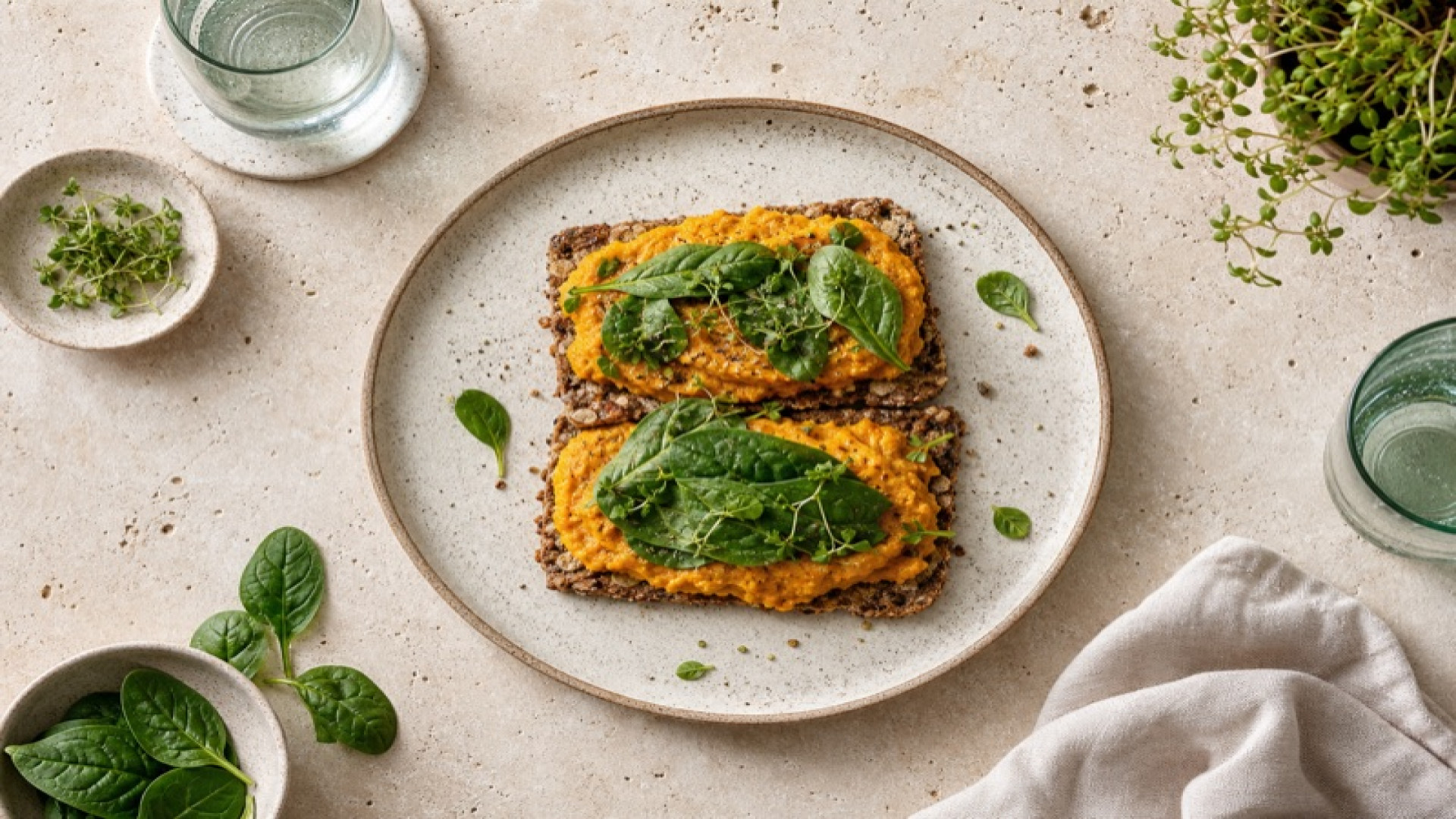 Gerösteter Hokkaido-Aufstrich auf Knäckebrot mit Spinat