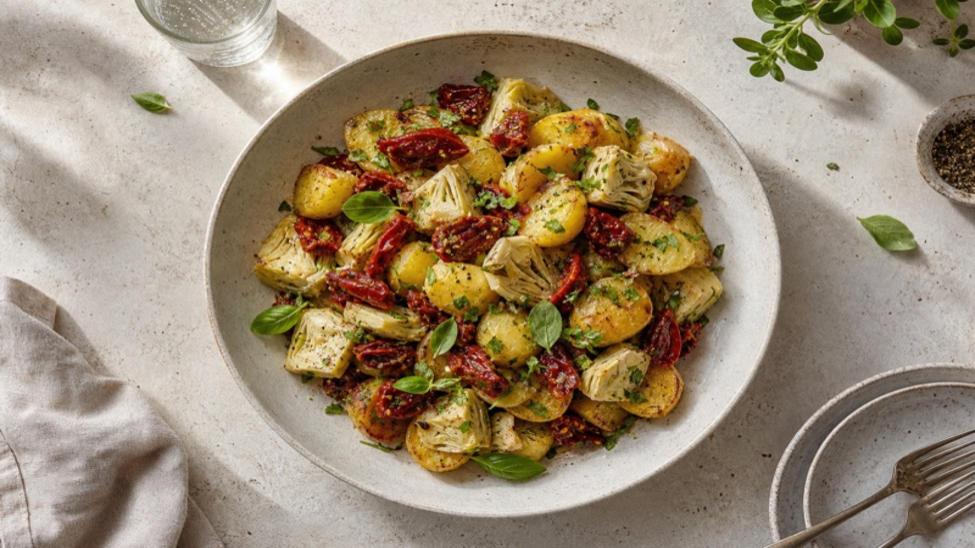 Gerösteter Kartoffelsalat mit getrockneten Tomaten und Artischocken