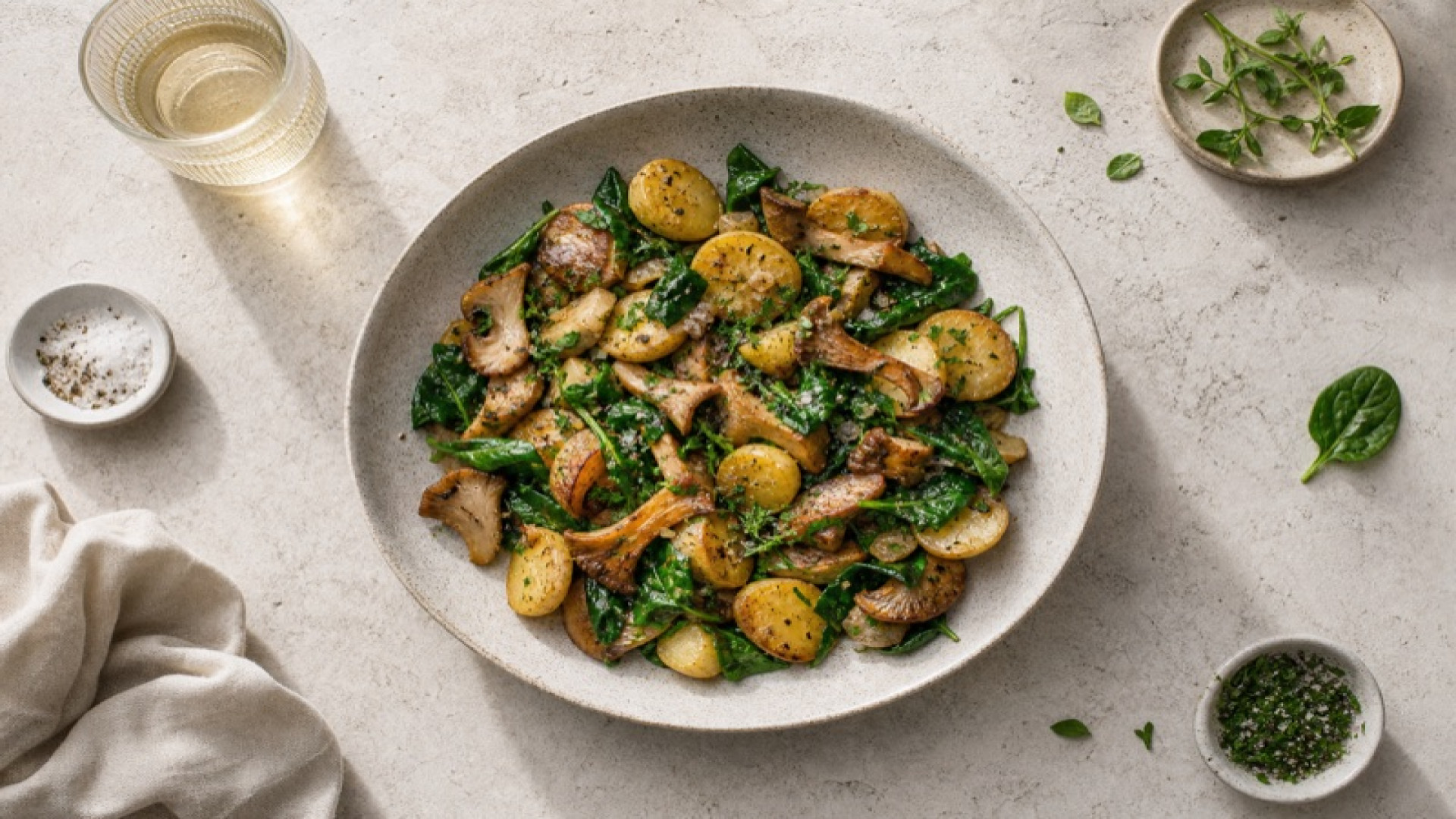 Gerösteter Kartoffelsalat mit Spinat und Austernpilzen