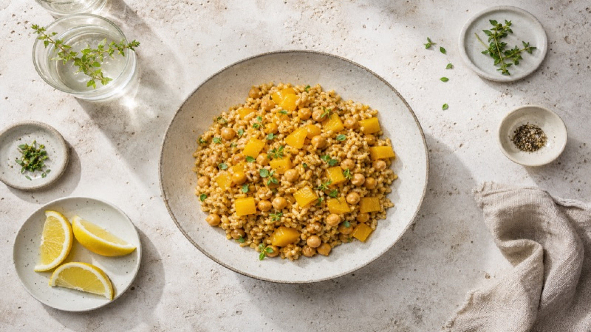 Gerösteter Reis mit gelbem Paprika und Kichererbsen