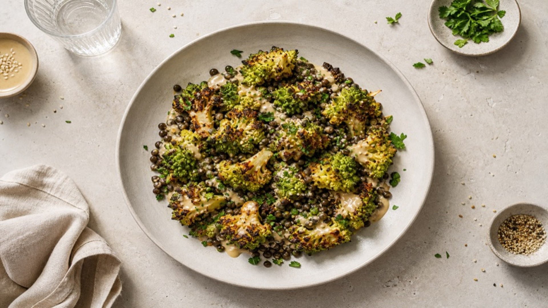 Gerösteter Romanesco mit Beluga-Linsen und Tahini