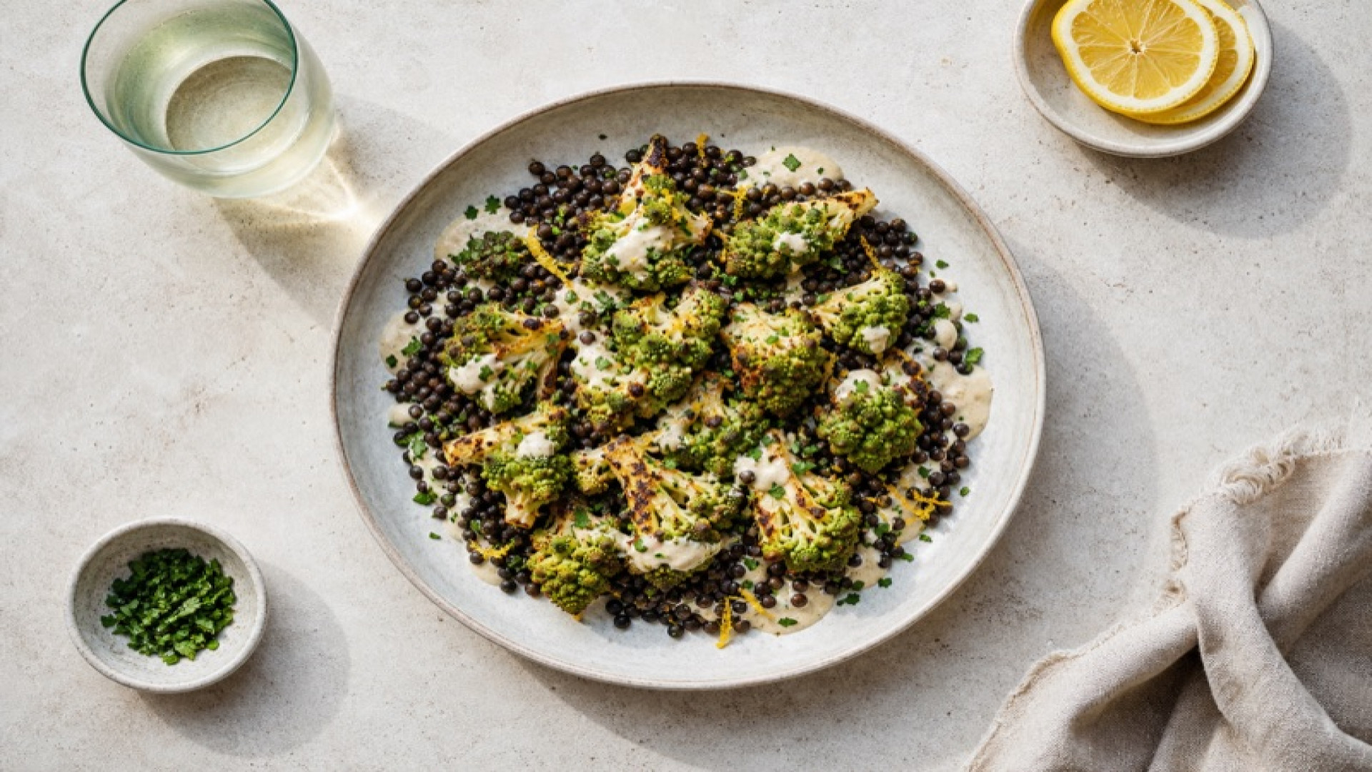 Gerösteter Romanesco mit Beluga-Linsen und Zitronen-Tahini