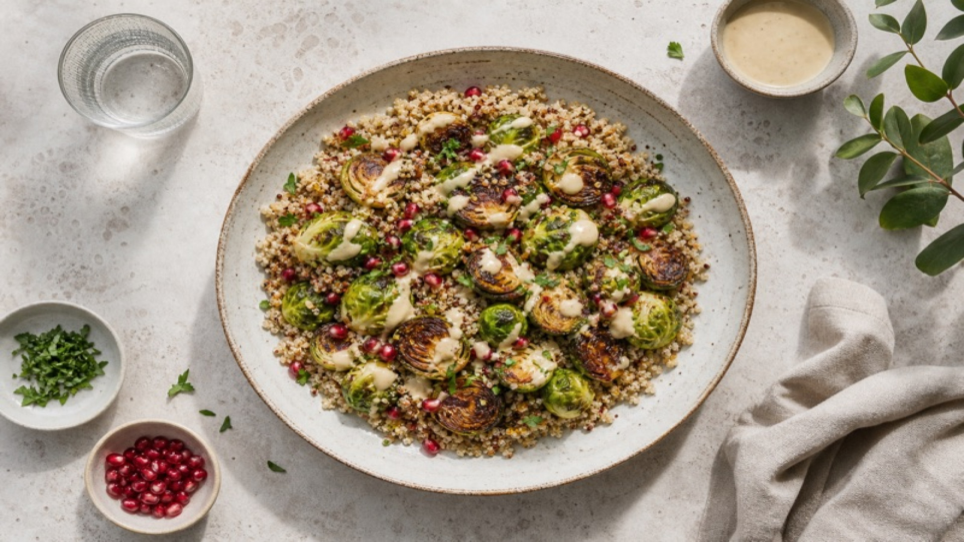 Gerösteter Rosenkohl mit Quinoa und Tahini