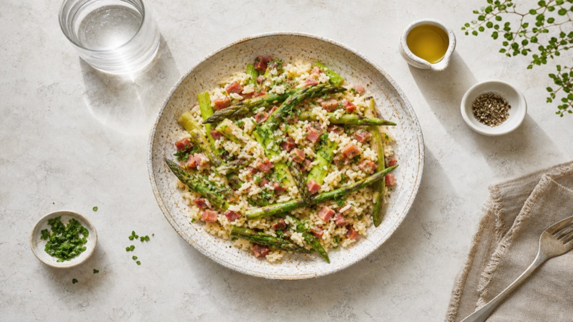 Gerösteter Schinkenspeck-Reis mit grünem Spargel