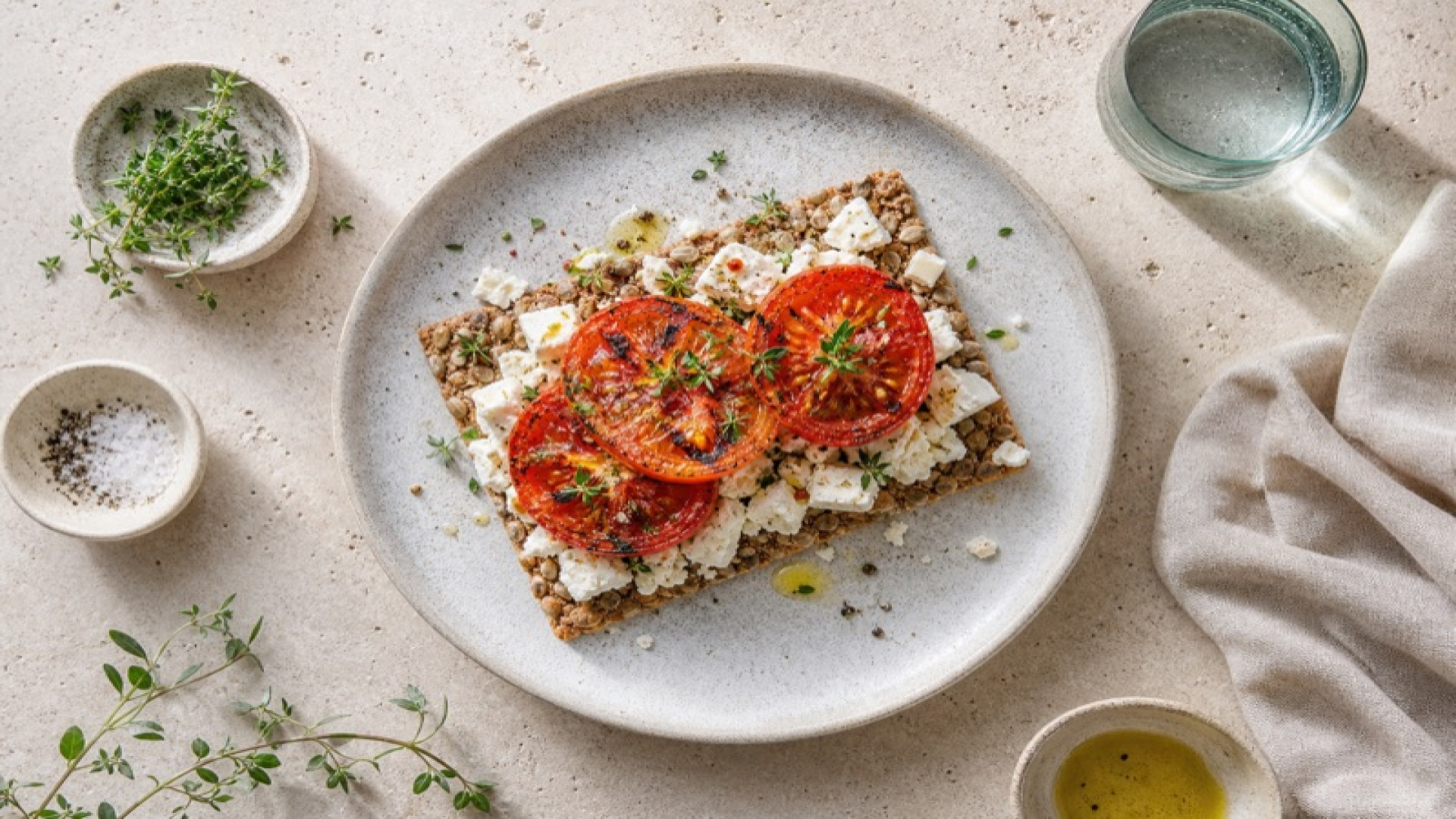 Geröstetes Dinkelvollkorn-Knäckebrot mit Schafskäse und gegrillter Tomate