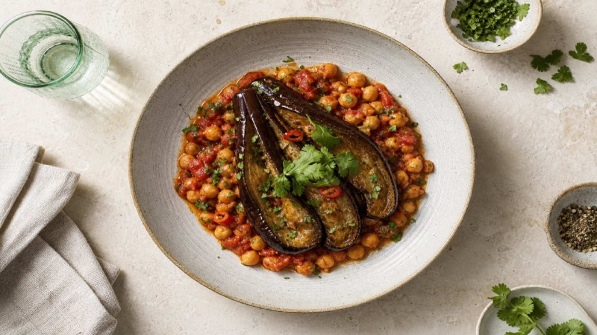 Geschmorte Aubergine auf Kichererbsen-Tomaten-Bett