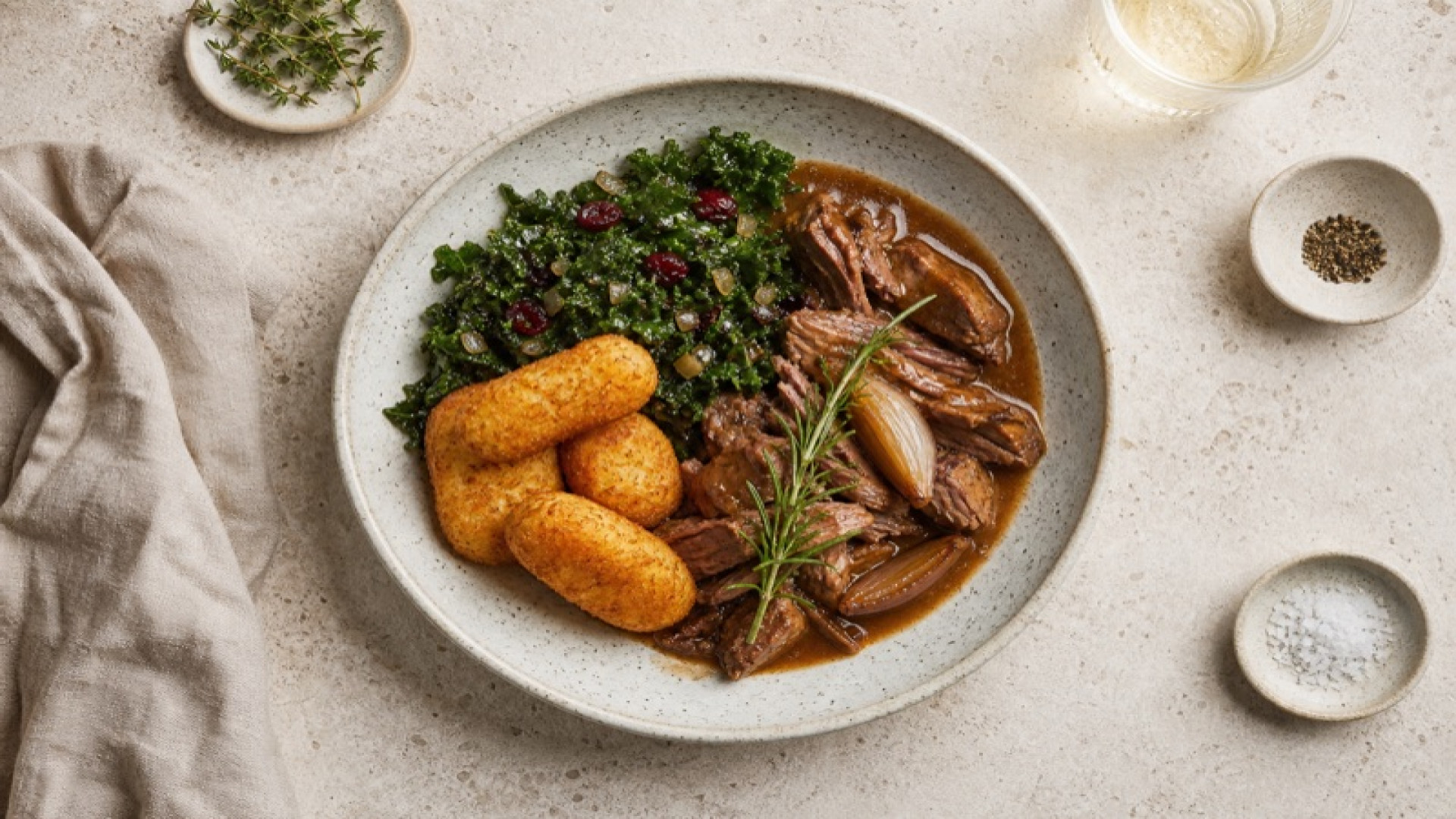 Geschmorte Schaf-Keule-Bowl mit Kartoffelkroketten und Grünkohl