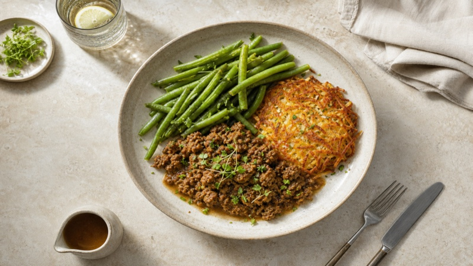 Geschmortes Kalbshackfleisch mit grünen Bohnen und Kartoffelrösti