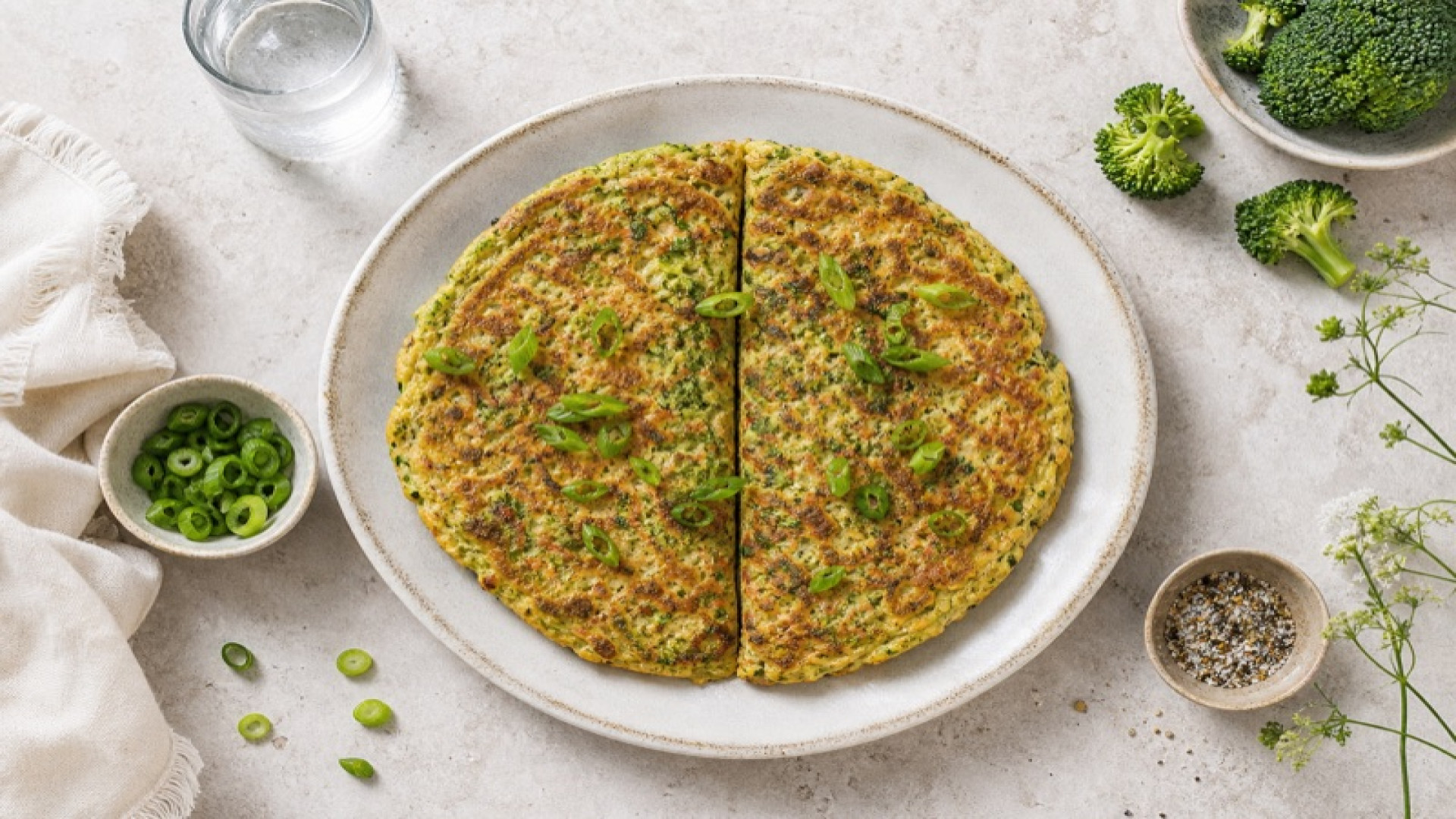 Gespiegelter Brokkoli-Linsenmehl-Pfannkuchen mit Frühlingszwiebeln