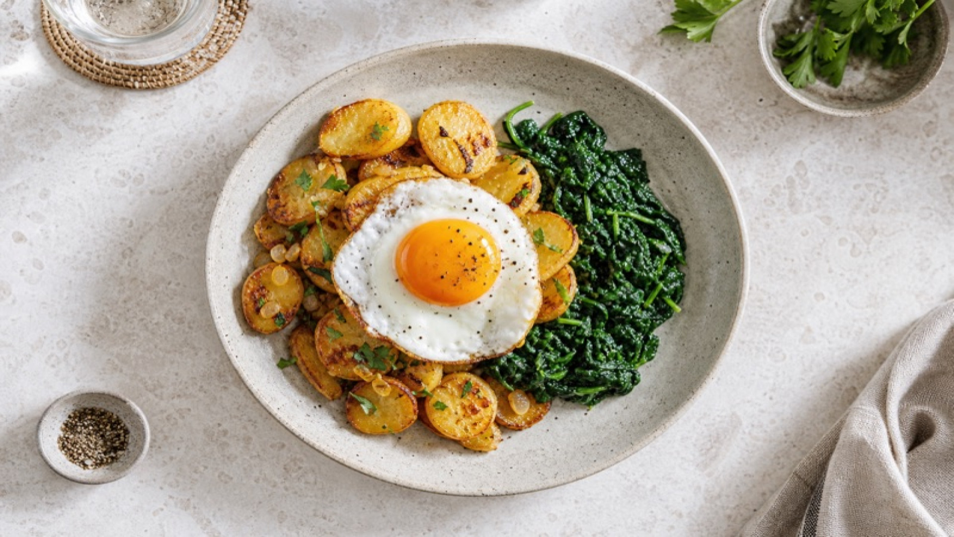 Goldbraune Bratkartoffeln mit gedünstetem Spinat und Ei