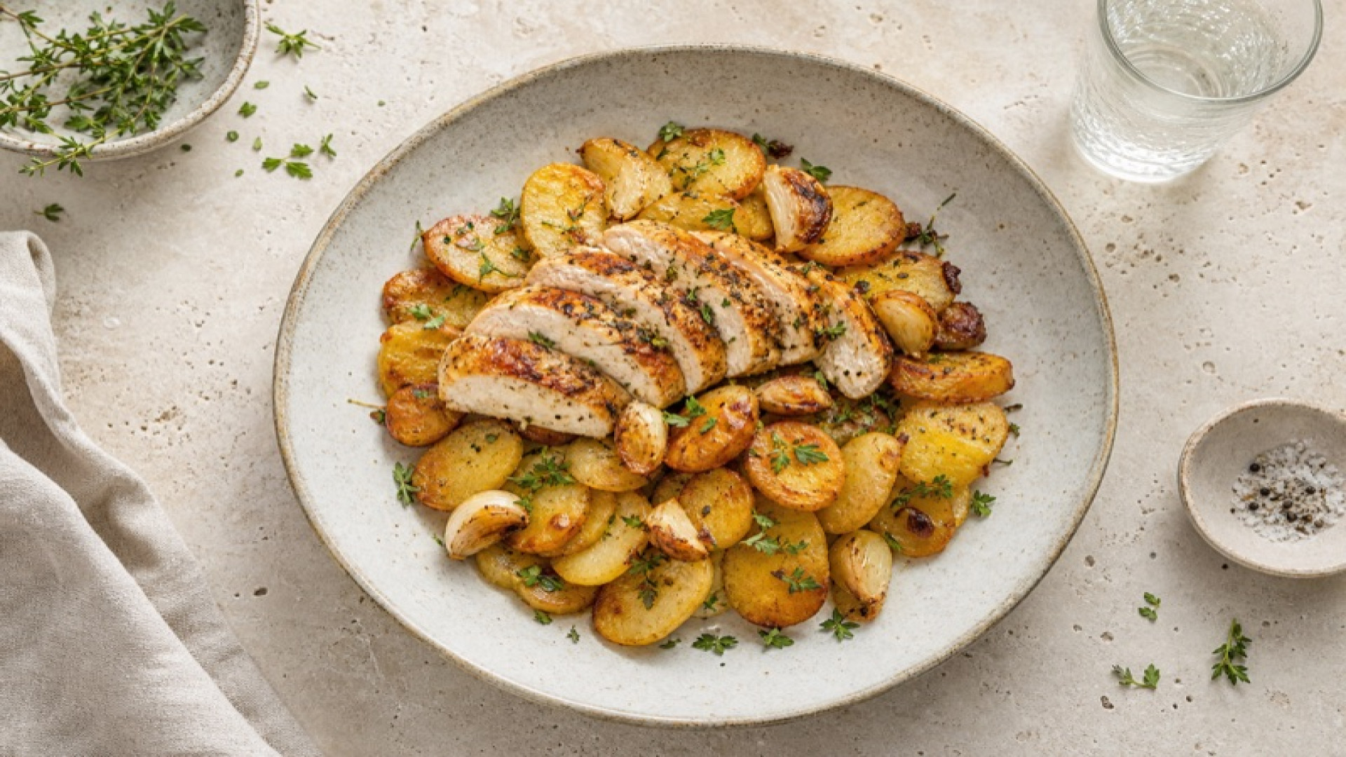 Goldbraune Bratkartoffeln mit Hähnchenbrust und Knoblauch