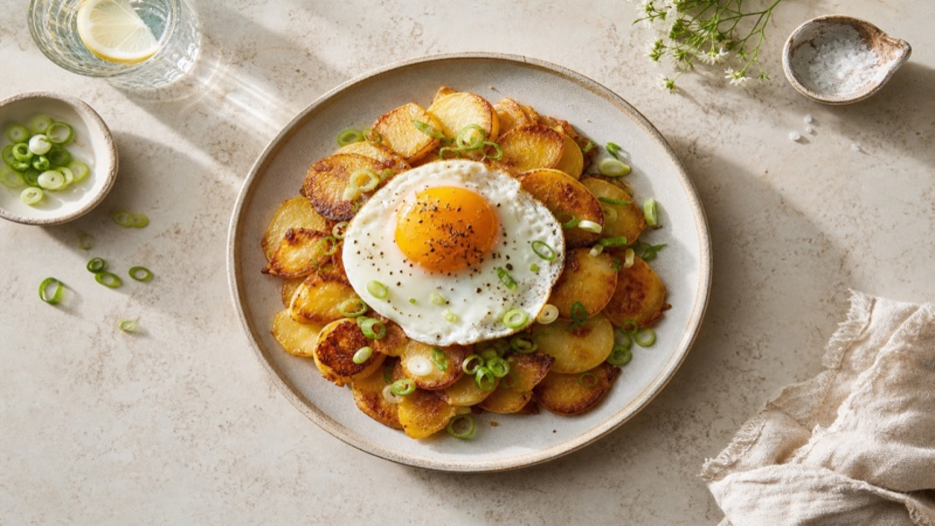 Goldbraune Bratkartoffeln mit Spiegelei und Frühlingszwiebeln