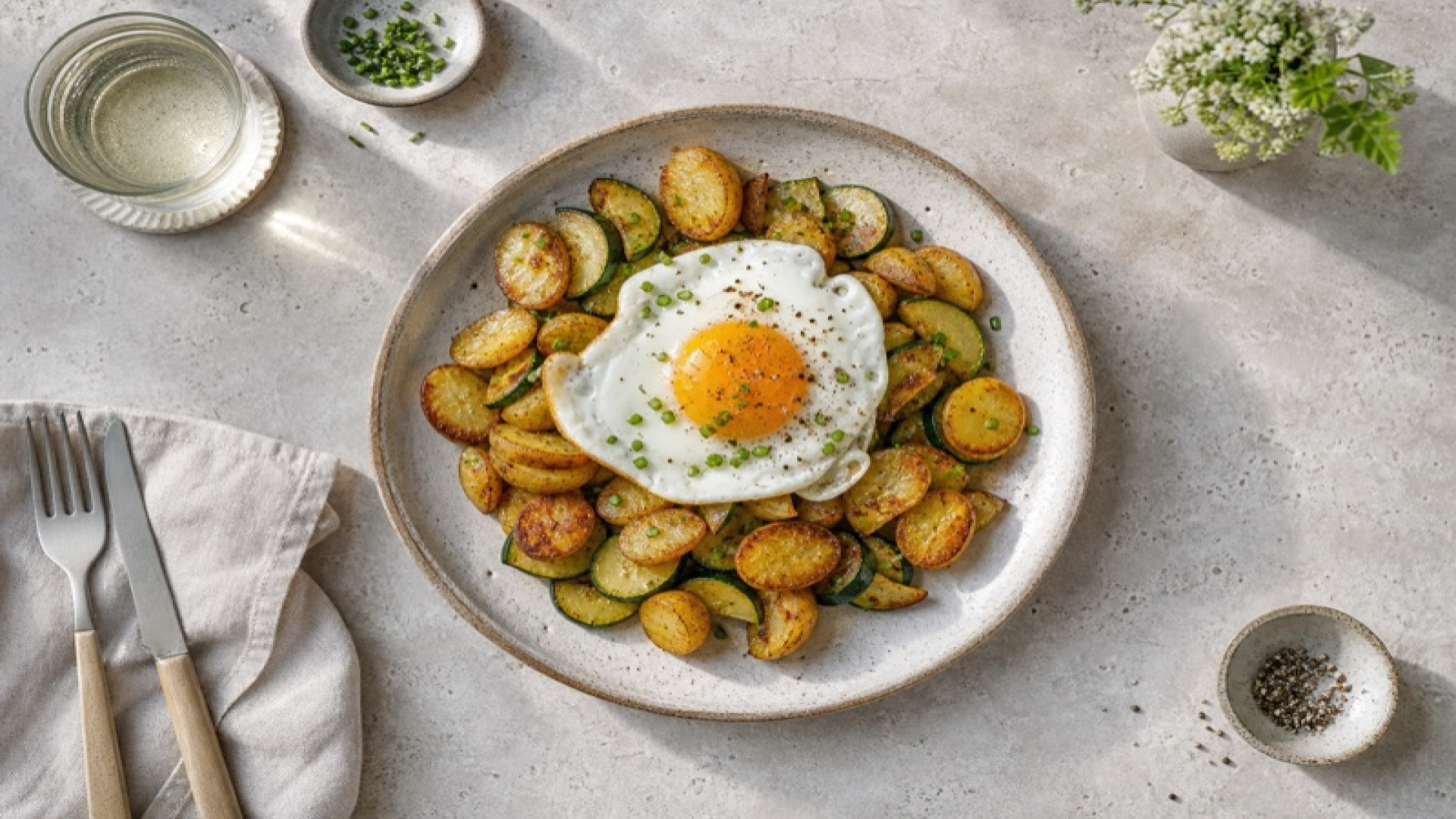 Goldbraune Bratkartoffeln mit Spiegelei und Zucchini