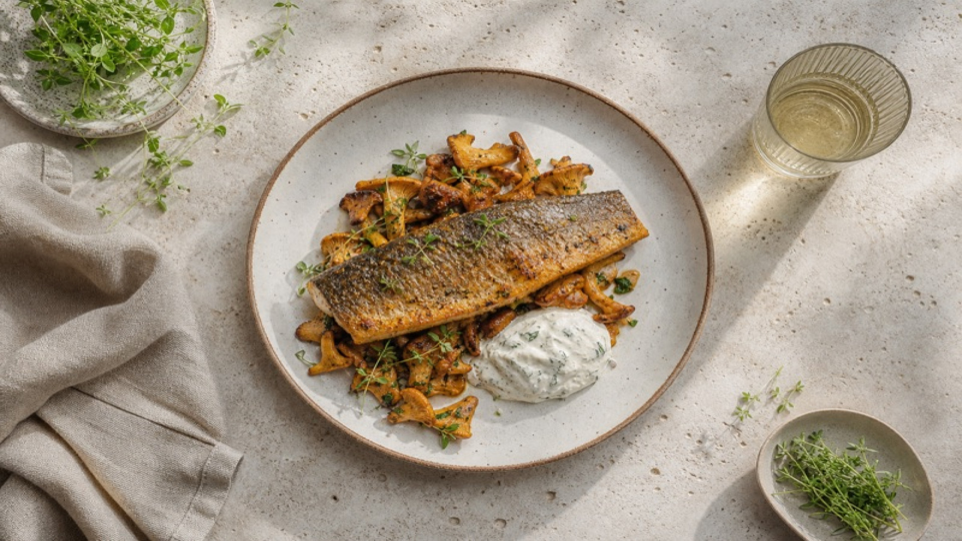 Goldbraune Forelle auf Pfifferlingen mit Frischkäse-Dip