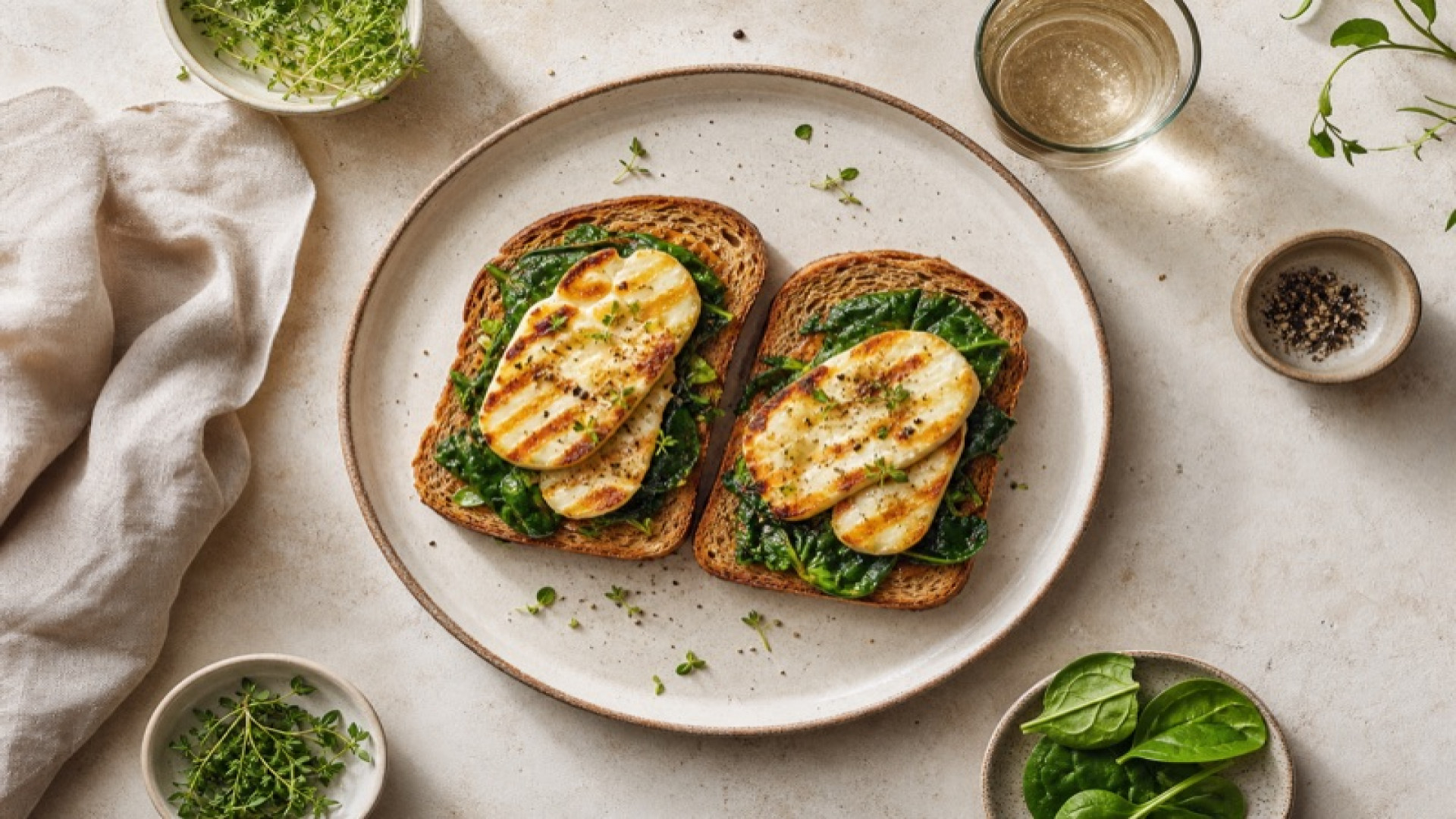 Goldbraune Haferbrot-Scheiben mit Halloumi und Spinat