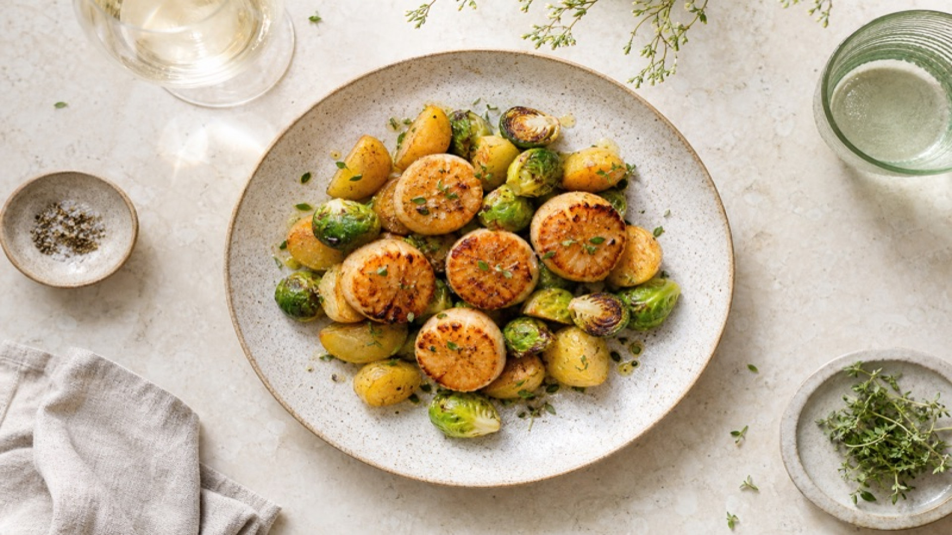 Goldbraune Jakobsmuscheln auf Kartoffel-Rosenkohl-Teller