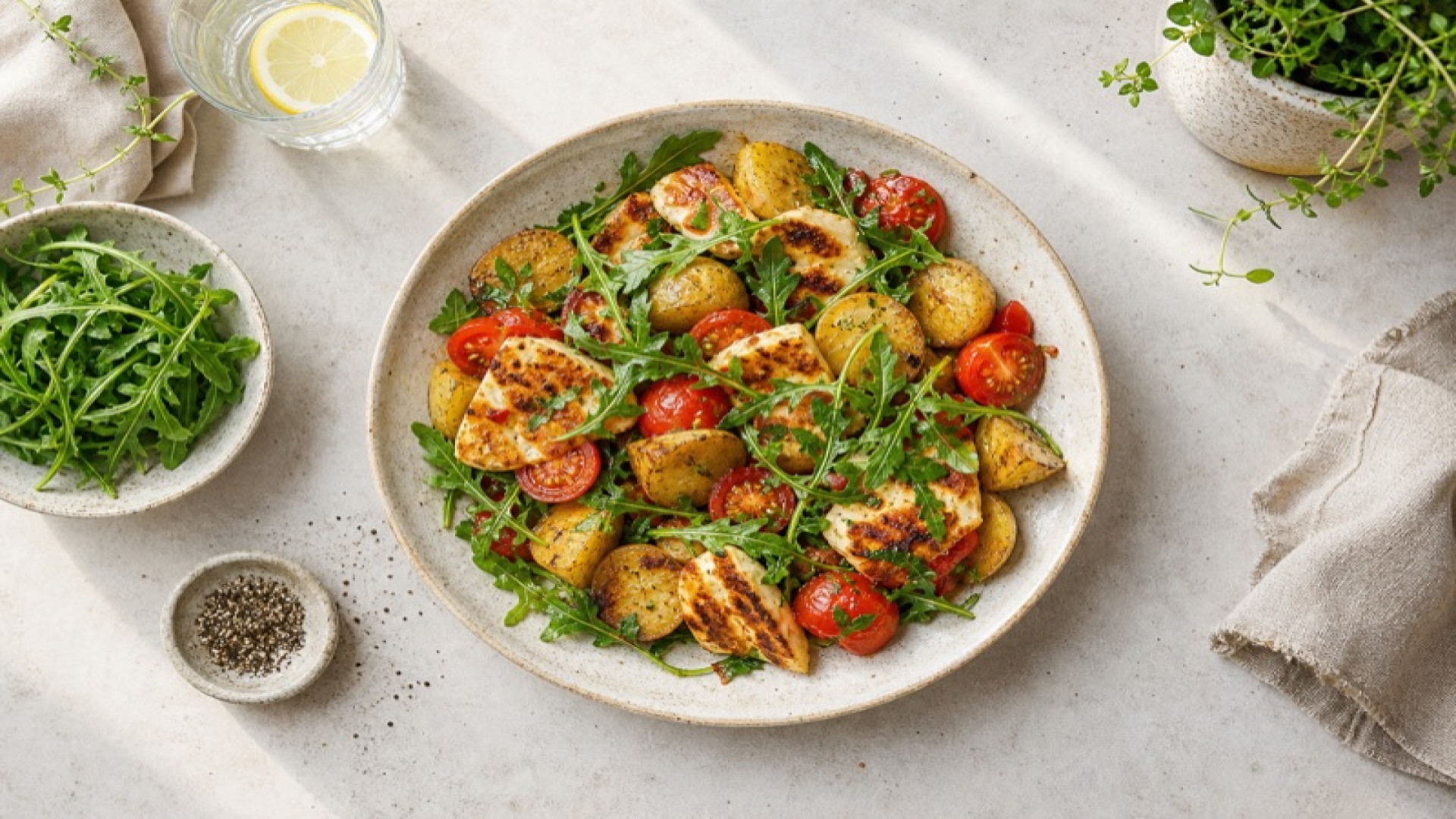 Goldbraune Kartoffel-Halloumi-Pfanne mit Tomaten und Rucola