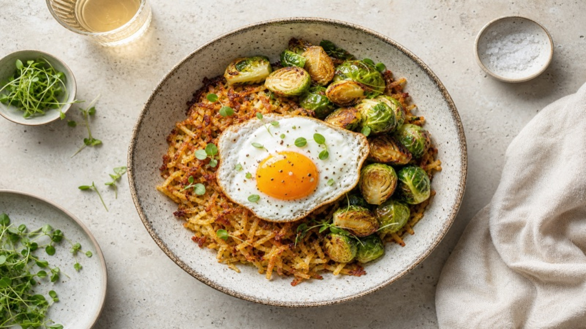 Goldbraune Kartoffel-Rösti-Bowl mit Spiegelei und Rosenkohl